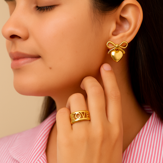 Golden Bow Heart Drop Earrings